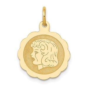 14k Yellow Gold Girl Head on .013 Gauge Engravable Scalloped Disc Charm